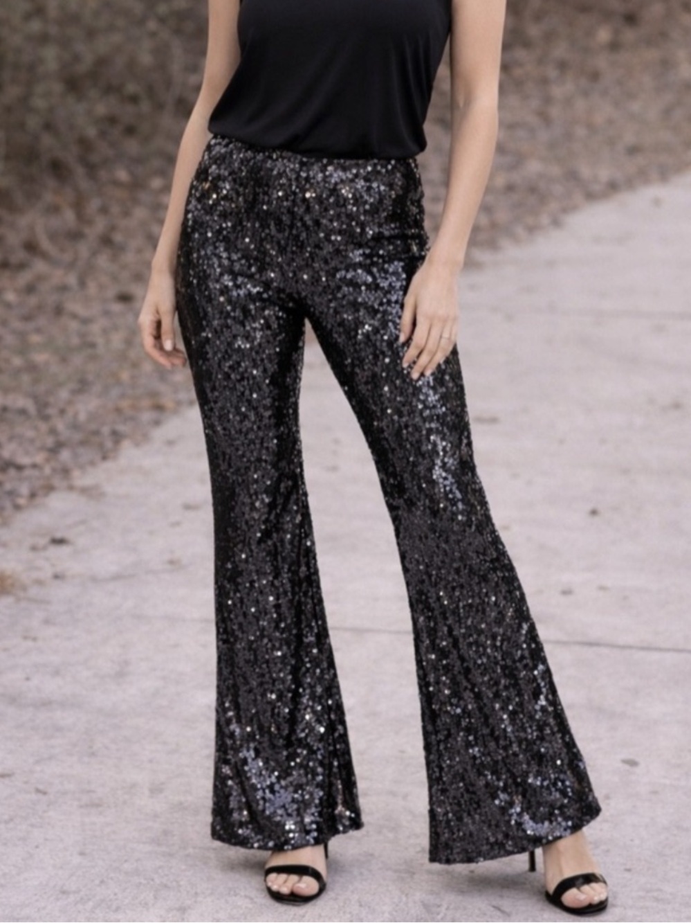 Zara Sequin Flare Medium Pants – Black Sparkle Party Trousers